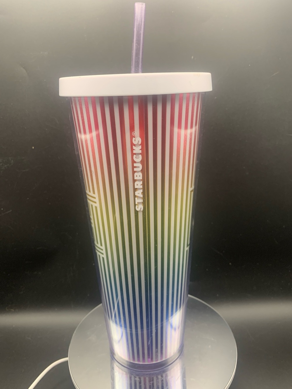 Pre Owned Starbucks 2019 Love Tumbler Striped Rainbow 24Oz Lid Straw Pride